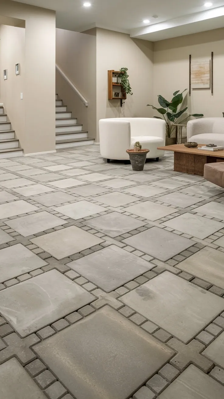 Stylish Modern Basement with Polished Concrete Flooring