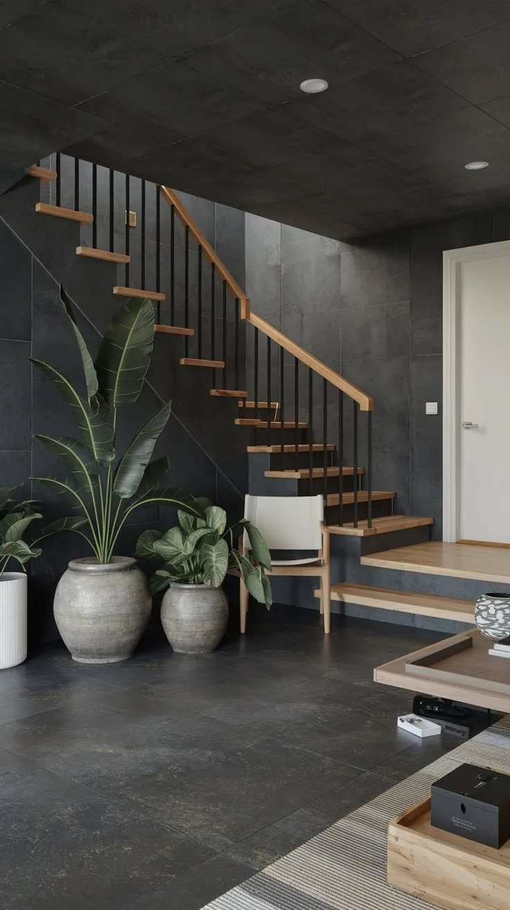Stylish modern basement with dark gray decor elements