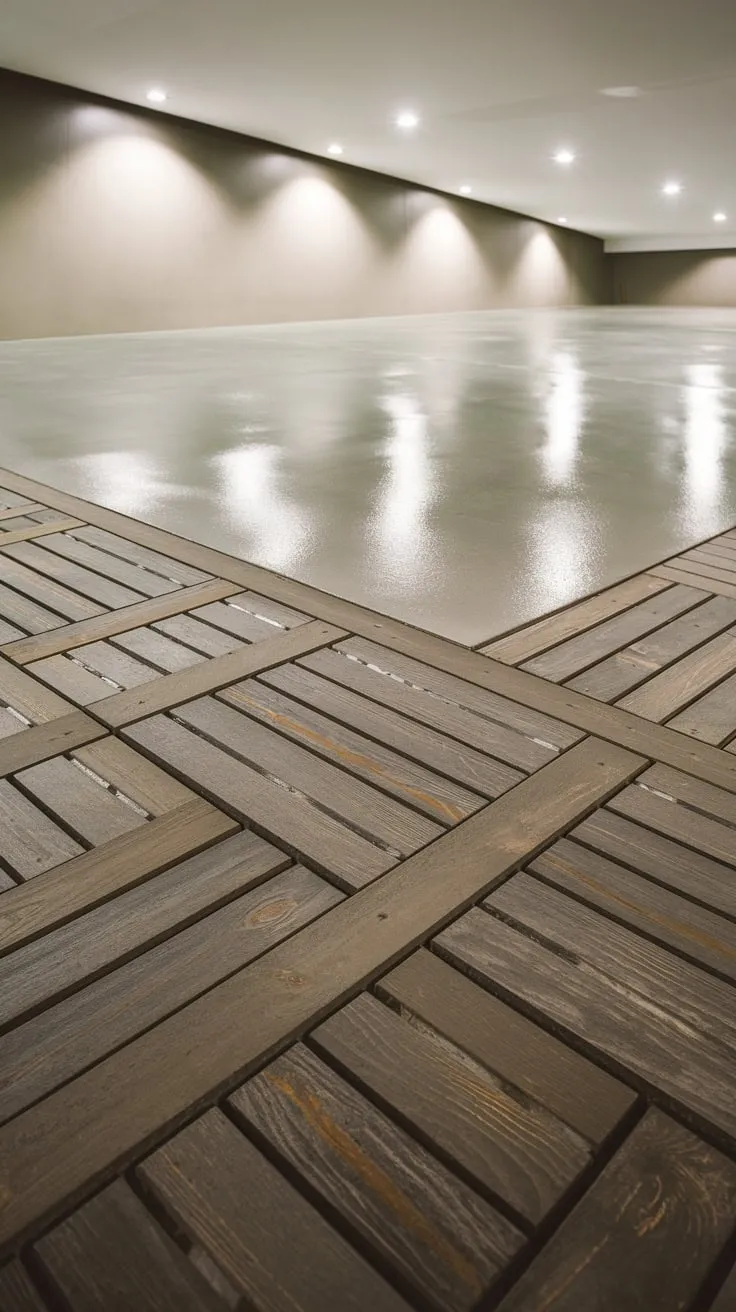 Stylish Modern Basement Flooring Blends Concrete and Wood