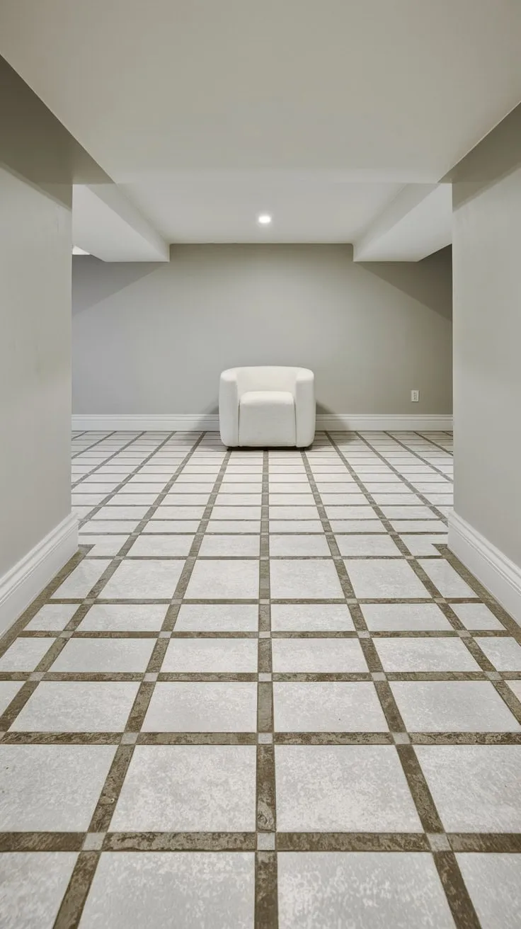 Modern Basement with Textured White Tile Flooring