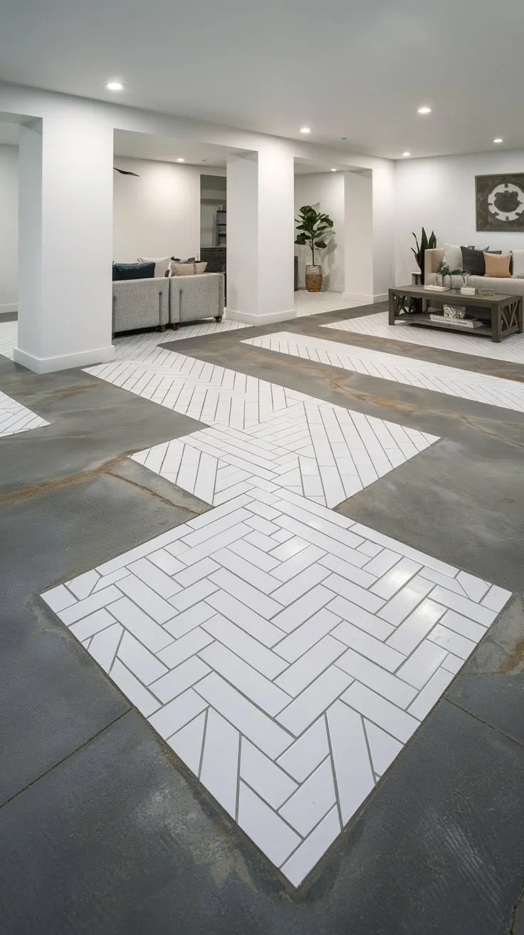 Stylish Modern Basement with Herringbone Tile and Concrete