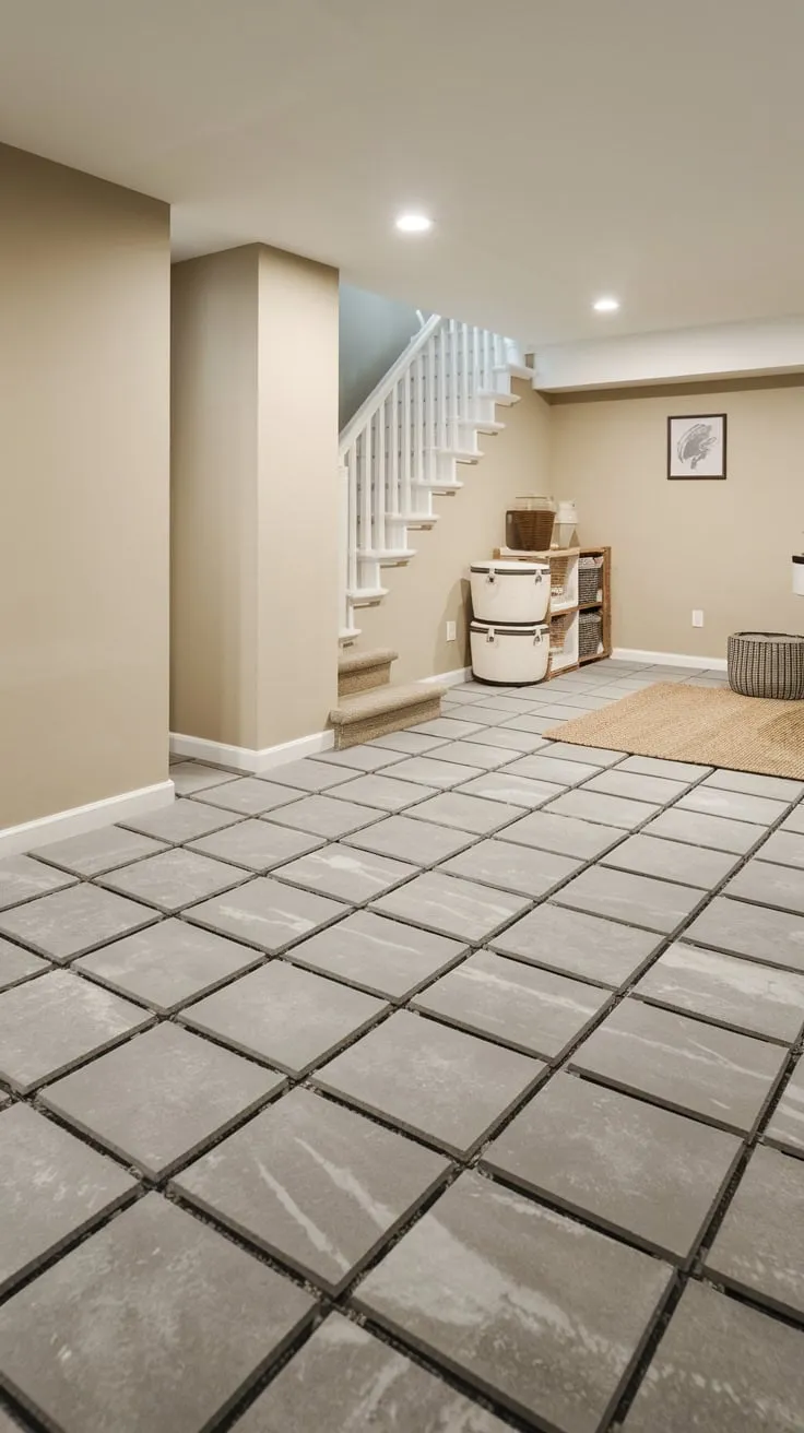 Modern Basement with Textured Grey Tiles and Rug