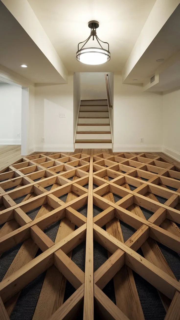 Diagonal Wooden Planks Illuminate Modern Basement Floor Design