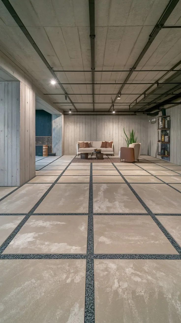 Stylish Modern Basement Featuring Textured Concrete Flooring