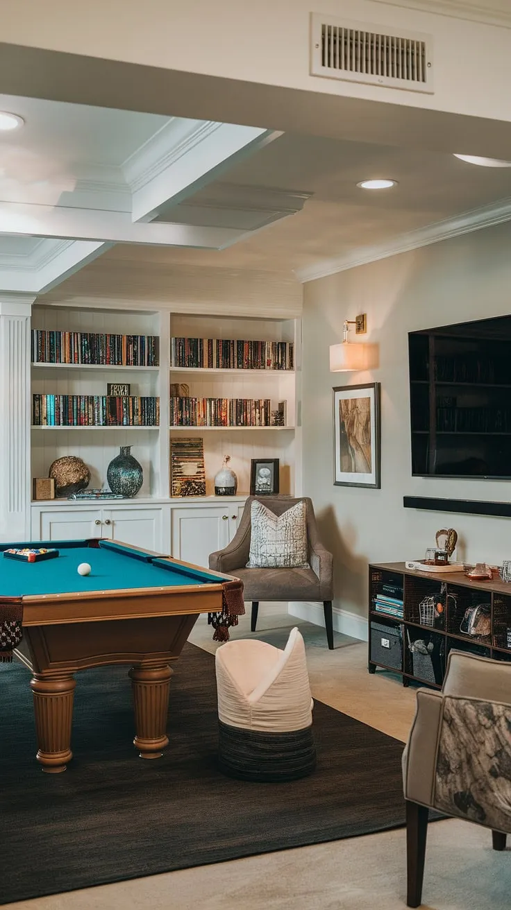 This men's gaming room showcases that basement gaming ideas don't have to compromise on elegance. A perfect example of a classy game room, this small space maximizes comfort and style, offering the ultimate game room experience.