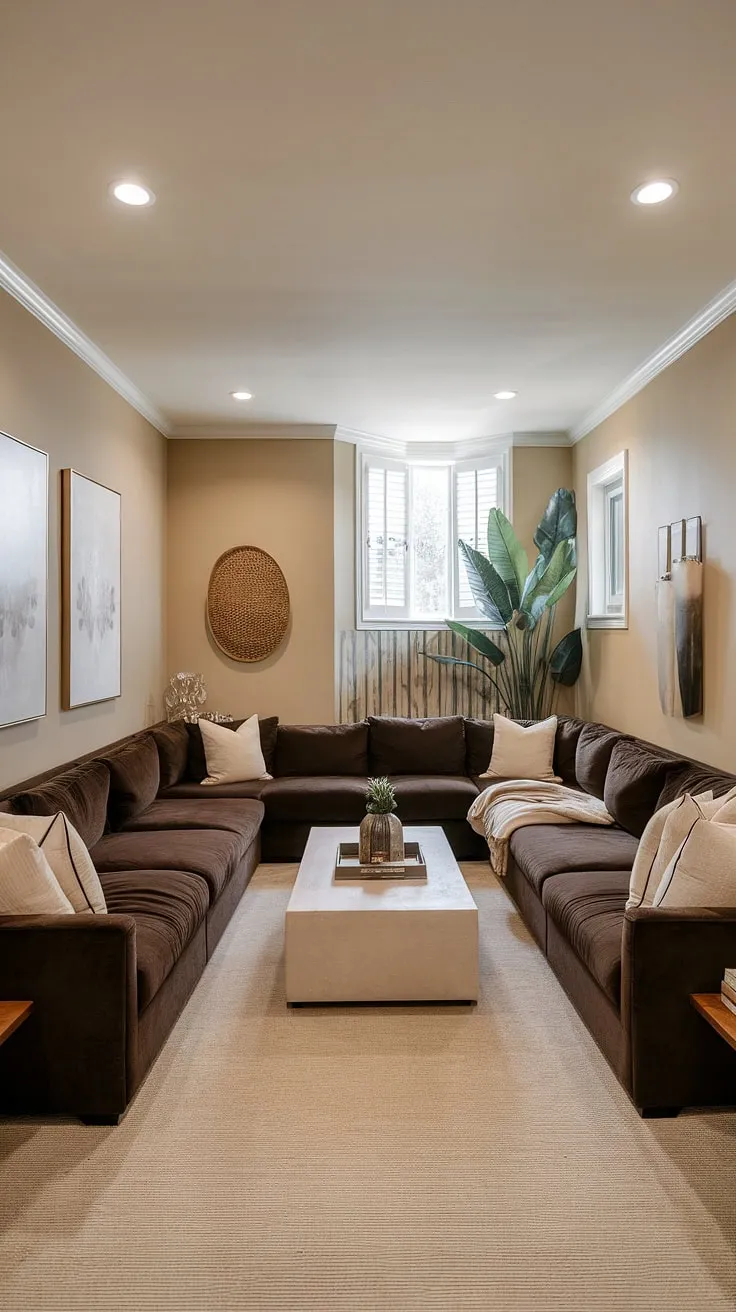 Maximize your space with this elegant basement game room design. This men's gaming room, though narrow, boasts a luxurious feel thanks to the rich brown sectional, plush cushions, and strategically placed greenery. The beige walls and rug create a calming backdrop, making it the perfect blend of a classy game room and a comfortable retreat. This small home game room is a testament to how effective smart gaming furniture ideas can be in a basement game room.