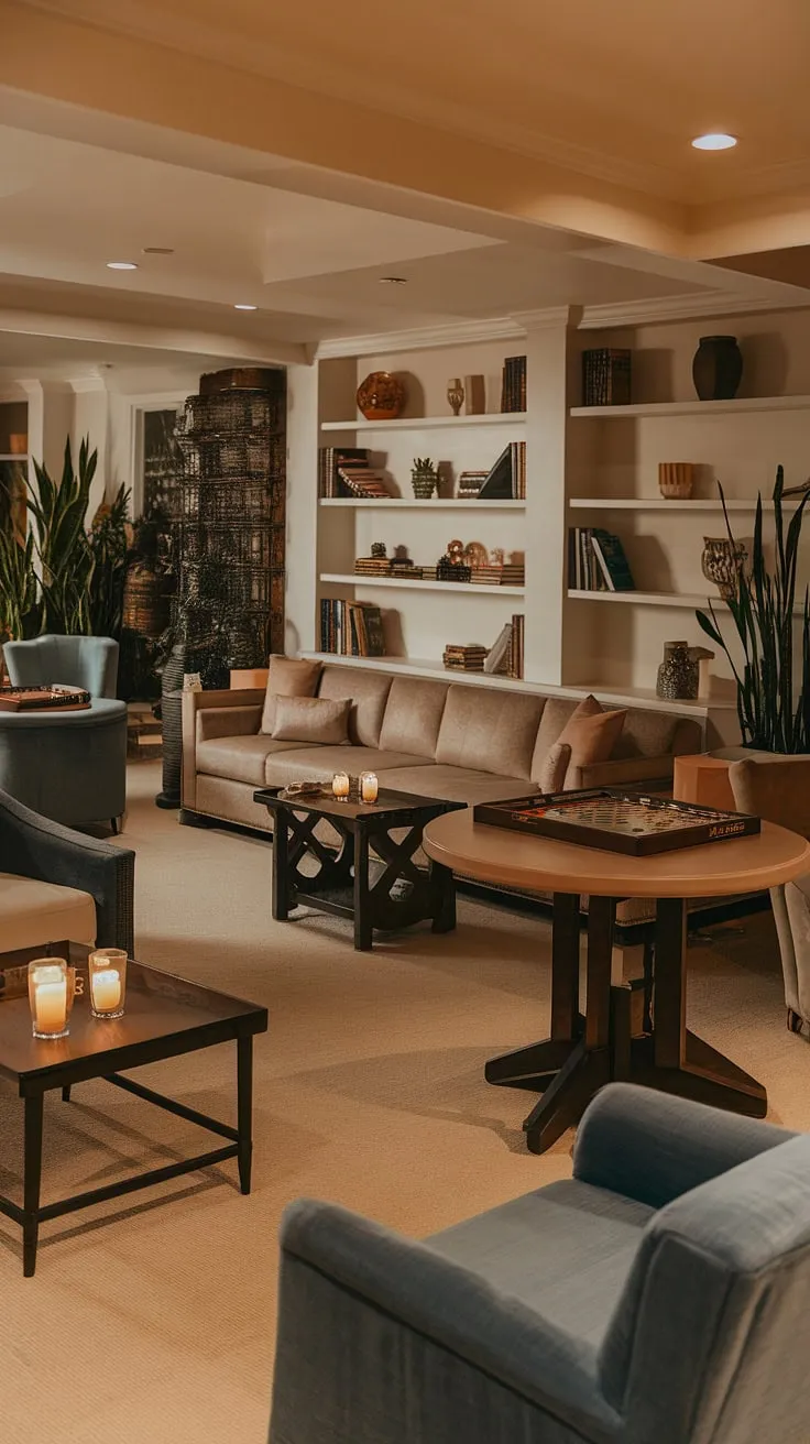 Transform your basement into a haven of entertainment with this elegant basement game room design. This men's gaming room demonstrates that a narrow game room can be both stylish and functional. The strategic placement of gaming furniture ideas, including comfortable seating and tables for games and candles, maximizes space. The addition of potted plants and bookshelves elevates this small home game room beyond a simple game room, creating a truly classy game room experience.
