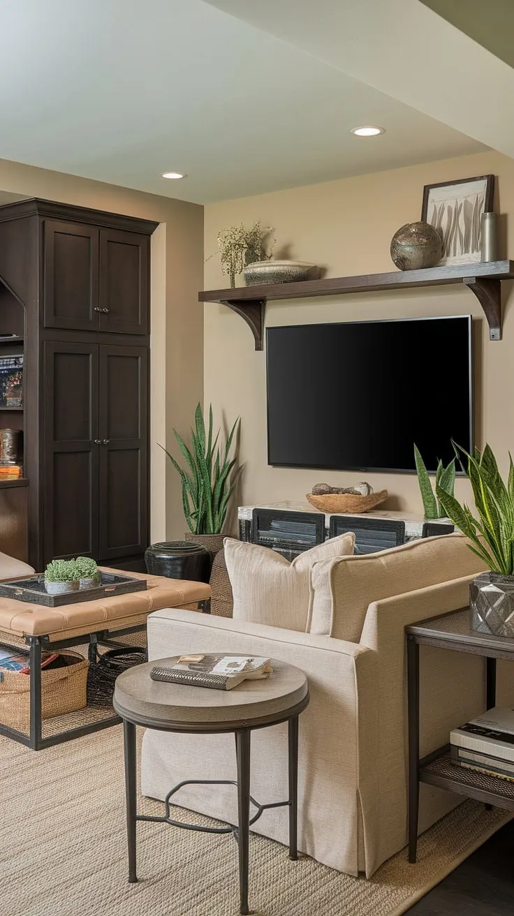Unwind in this classy basement game room; sophisticated gaming doesn't require a mansion. Small home game room design proves that narrow game room ideas can be both stylish and functional.