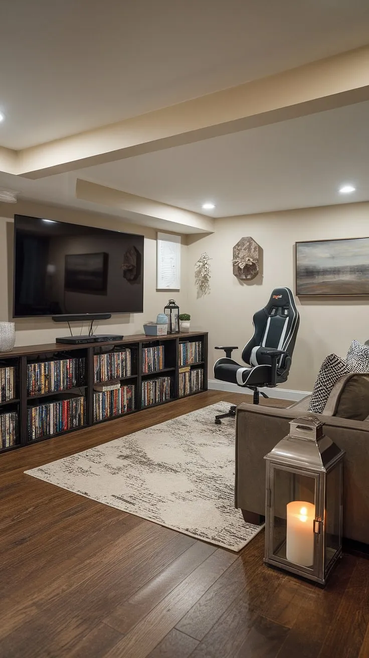Transform your basement into the ultimate men's gaming room with this elegant design. This small home game room demonstrates that narrow game room ideas can yield stunning results. The large TV, gaming chair, and comfortable couch provide the perfect setup, while the bookshelf and tasteful decorations add a touch of class. Explore these gaming furniture ideas for your own sophisticated game room, a true man cave masterpiece.