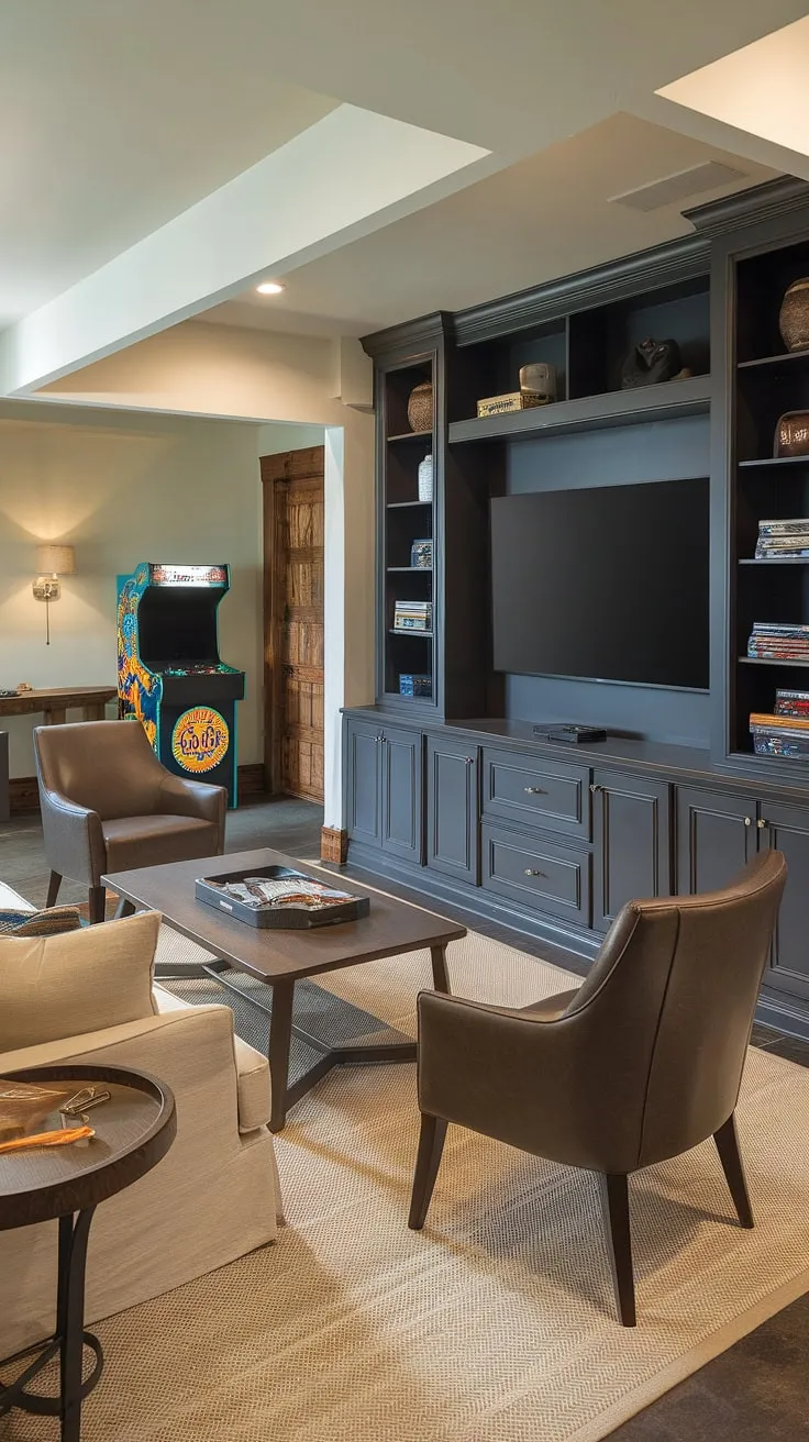 Maximize your space with these narrow game room ideas! This basement game room, designed as a men's gaming room, cleverly uses a neutral color palette and functional gaming furniture ideas to create a sophisticated and inviting atmosphere. The beige rug anchors the space, while the vintage arcade game adds a unique touch. This small home game room demonstrates that a classy game room is achievable even in a basement with limited square footage. It's the perfect blend of comfort and functionality for any basement gaming enthusiast.