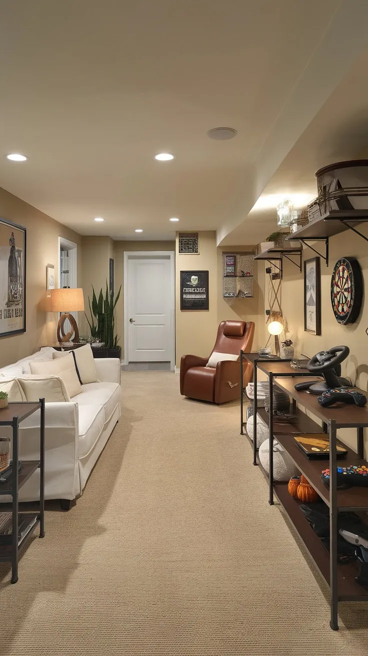 Transform your basement into the ultimate men's gaming room. This sophisticated game room offers plenty of basement gaming ideas, proving that a narrow game room can be both stylish and functional.