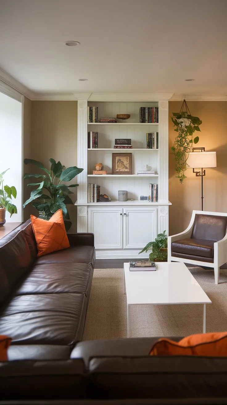 Transform your basement into a haven of entertainment with these narrow game room ideas. This sophisticated man cave game room boasts a dark brown L-shaped sofa, a white coffee table, and a stylish bookshelf, all contributing to a classy game room aesthetic. The strategic use of space makes this small home game room feel surprisingly spacious. Perfect for showcasing your gaming furniture ideas, this basement game room offers a refined take on basement gaming ideas for the discerning gamer.