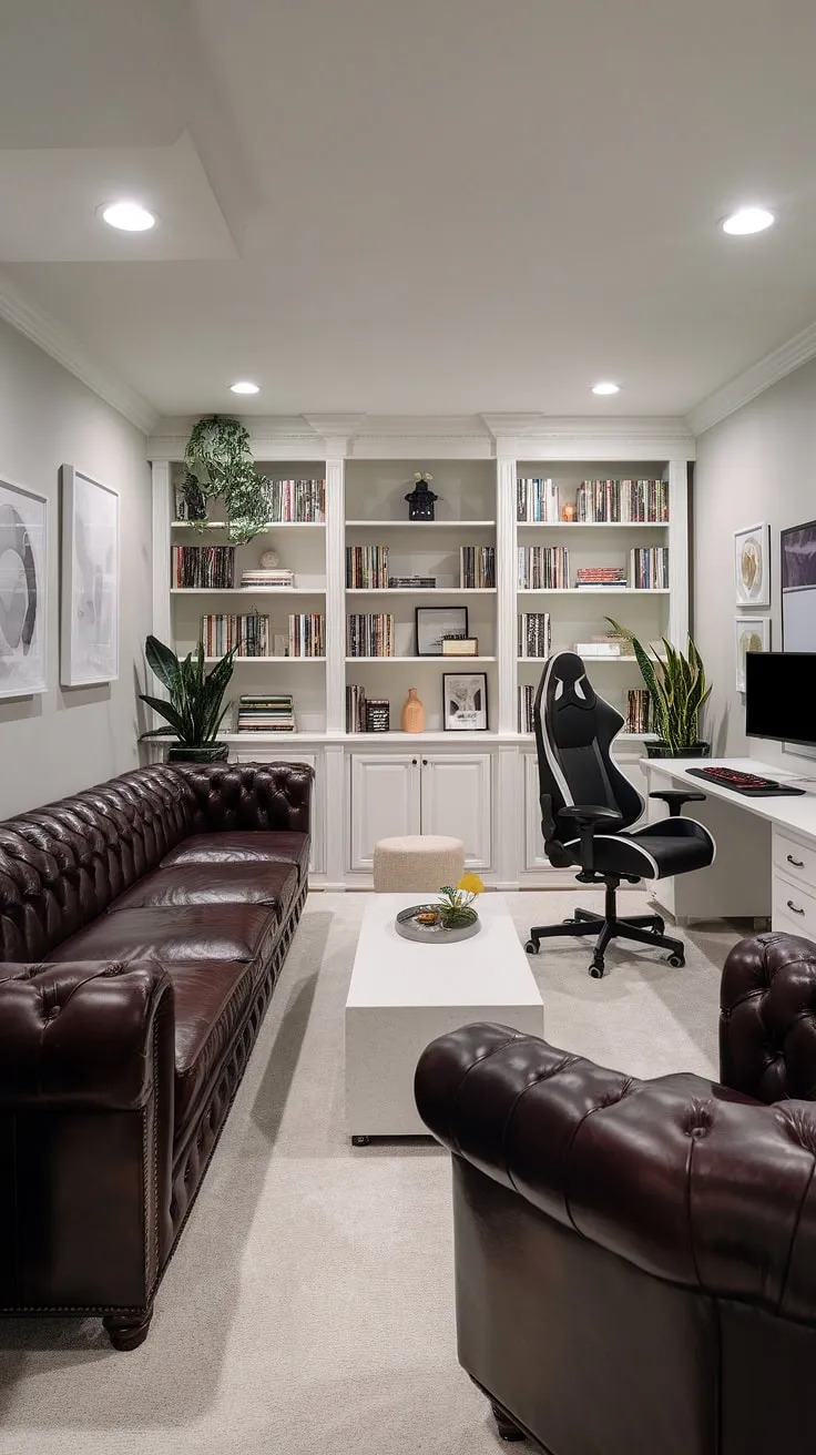 This men's gaming room proves that a basement game room can be both stylish and functional. Explore these basement gaming ideas and narrow game room ideas to create your own sophisticated game room haven, featuring smart gaming furniture ideas.