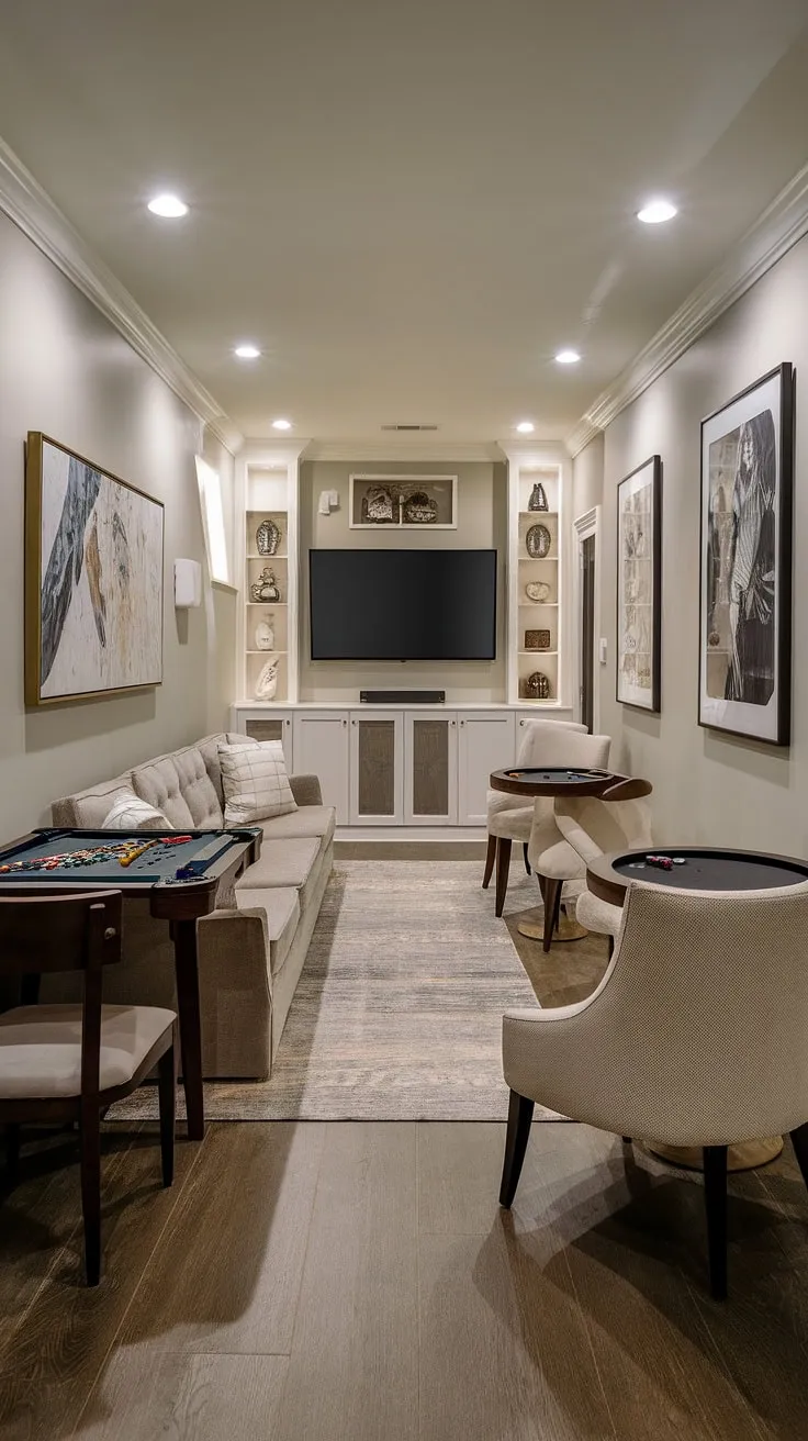 This small home game room showcases that narrow game room ideas don't have to compromise style. A sophisticated men's gaming room, this basement gaming ideas masterpiece blends comfort and functionality with stunning results.