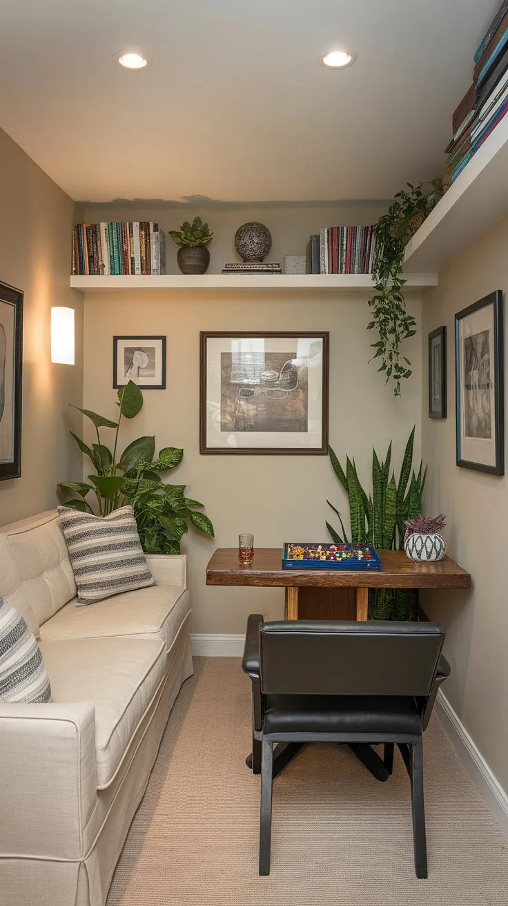 This classy game room, perfect for a small home, proves that even a narrow layout can be transformed into a sophisticated man cave. The beige walls and comfortable gaming furniture, including a plush couch and black leather chair, create a relaxing atmosphere. Clever basement gaming ideas, like the strategically placed shelving and potted plants, maximize space and add personality. This is a prime example of narrow game room ideas and showcases excellent gaming furniture ideas for a men's gaming room.