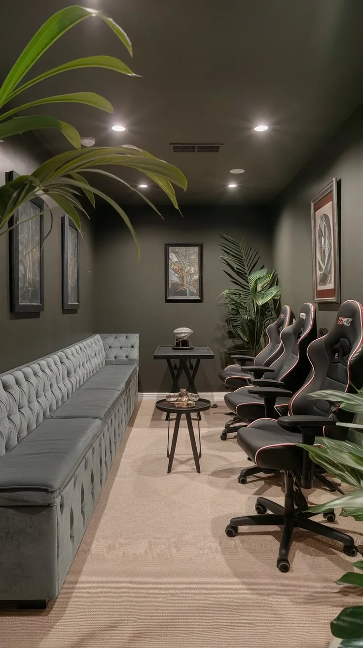 This narrow game room proves that even a small space can be a luxurious men's gaming room. Basement gaming ideas meet sophisticated style in this elegant game room, showcasing smart design and perfect gaming furniture ideas for your basement game room.