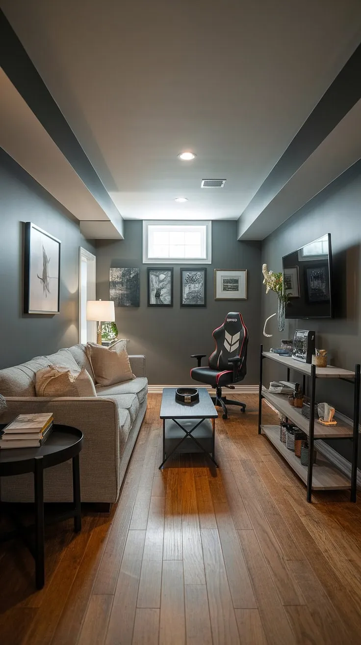 This classy basement game room proves that even a narrow space can be a haven for gaming. Smart gaming furniture ideas maximize comfort and style in this small home game room, perfect for a man cave game room.