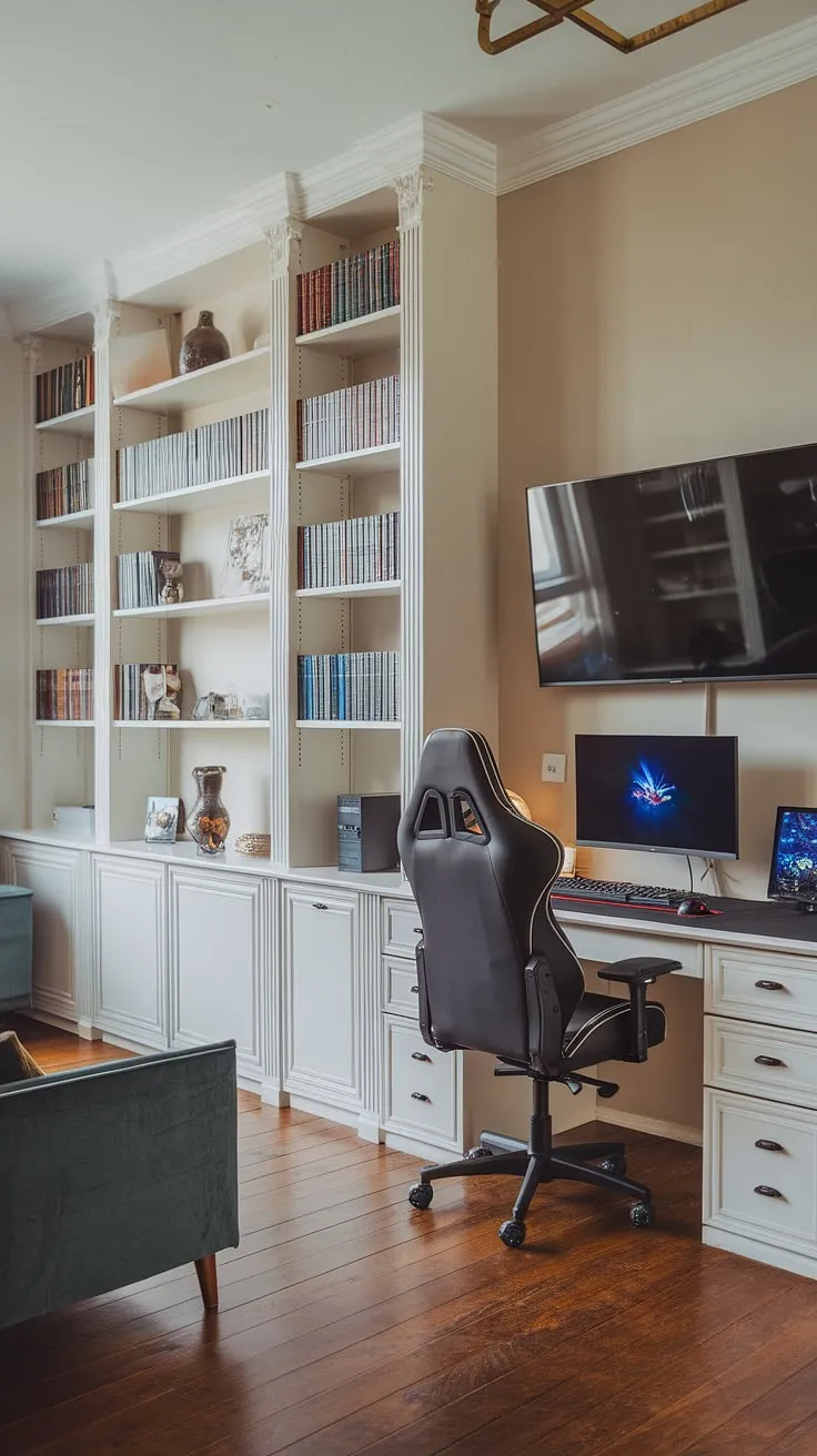This men's gaming room showcases that a basement game room doesn't have to be cramped. Explore these basement gaming ideas for your own sophisticated and functional game room, perfect for showcasing your gaming furniture ideas.