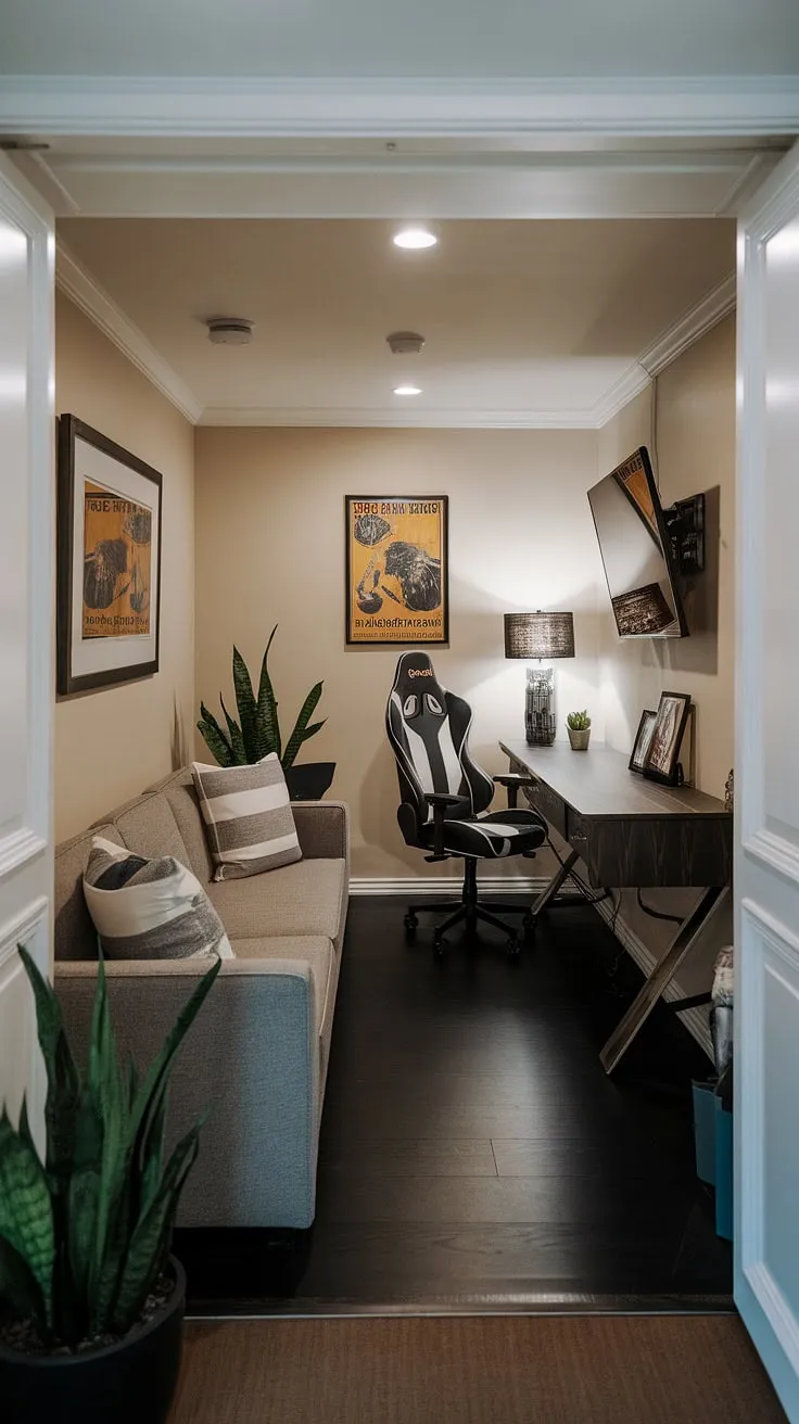 This classy basement game room proves that even a narrow space can be a haven for gaming. Smart gaming furniture ideas maximize the small home game room's potential, creating the ultimate man cave game room.