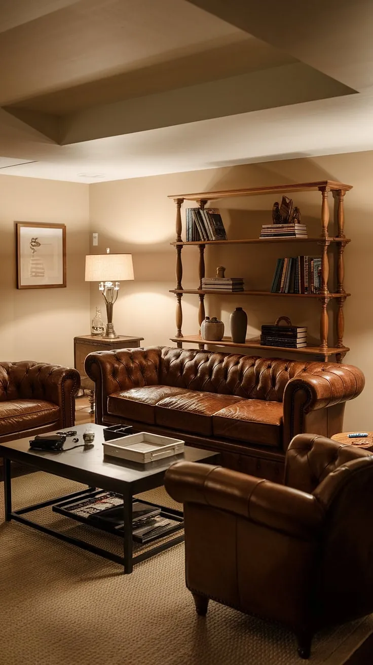 This classy game room, a perfect example of small home game room design and narrow game room ideas, proves that even a basement can be transformed into a sophisticated man cave game room. The warm lighting enhances the rich leather gaming furniture ideas, creating a cozy atmosphere perfect for game nights. A few strategically placed gaming items, like the controller and board game on the coffee table, add a touch of playful masculinity to this men's gaming room, showcasing clever basement gaming ideas.