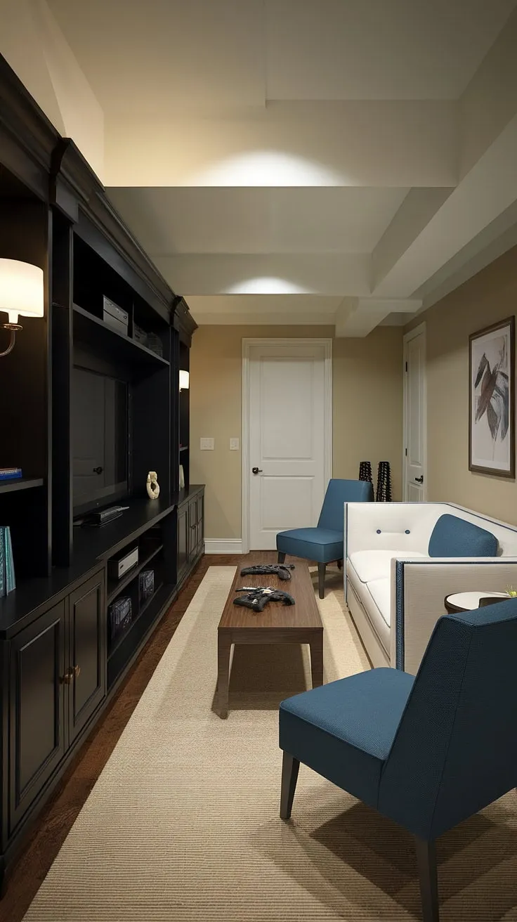 This classy game room proves that even a narrow basement can be transformed into a sophisticated man cave game room. Smart gaming furniture ideas maximize space, offering the perfect blend of comfort and functionality for a small home game room.