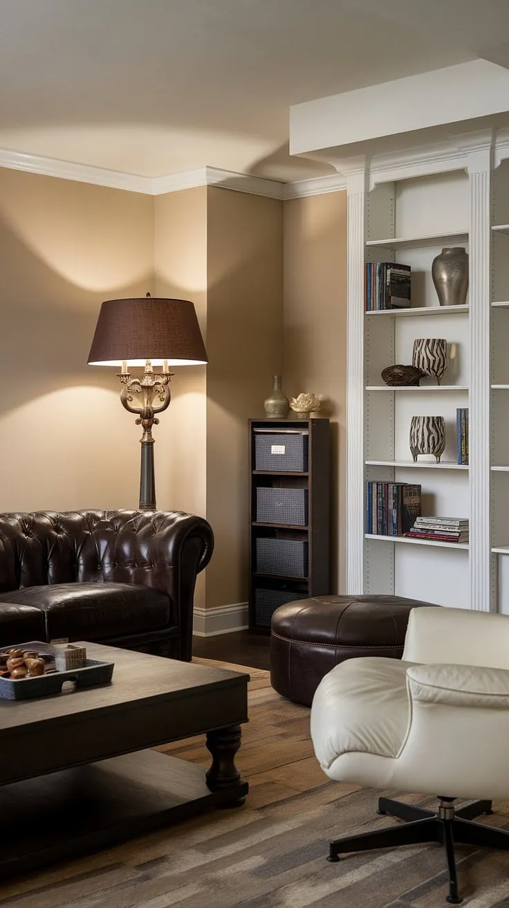 This classy game room, perfect for a small home, proves that even a narrow space can be transformed into a sophisticated man cave. The dark brown leather sofa and coordinating furniture create a cozy atmosphere, while the white bookshelf adds a touch of brightness. This basement game room showcases clever basement gaming ideas and inspiring gaming furniture ideas for any men's gaming room.