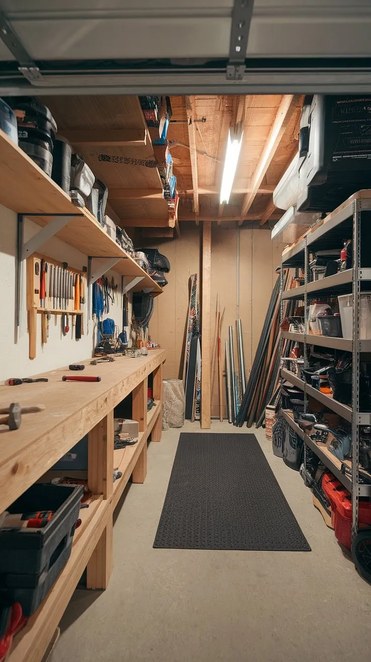 This garage renovation project expertly blends functionality and style. The garage workshop organization is evident in the well-planned garage workshop layout, featuring a dedicated workbench, ample shelving, and a large storage unit. The rubber matting adds a practical touch, while the bright lighting enhances the overall workspace. Find inspiration for your own garage organization DIY and garage storage inspiration with this impressive basement garage transformation. Consider these garage design interior ideas and garage workshop plans for your next project.