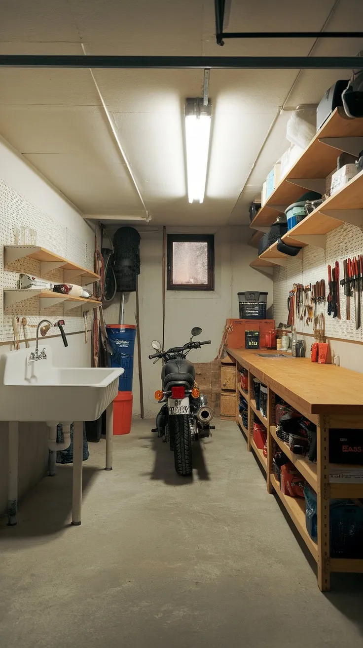This basement garage boasts a well-organized workshop layout, perfect for those seeking garage workshop plans. The clever garage storage inspiration is evident in the pegboard walls, ample shelving, and dedicated workbench. A sink adds practicality to this functional garage design interior, while the motorcycle highlights the space's versatility. This garage renovation showcases excellent garage organization and garage workshop organization, a testament to successful garage organization DIY.