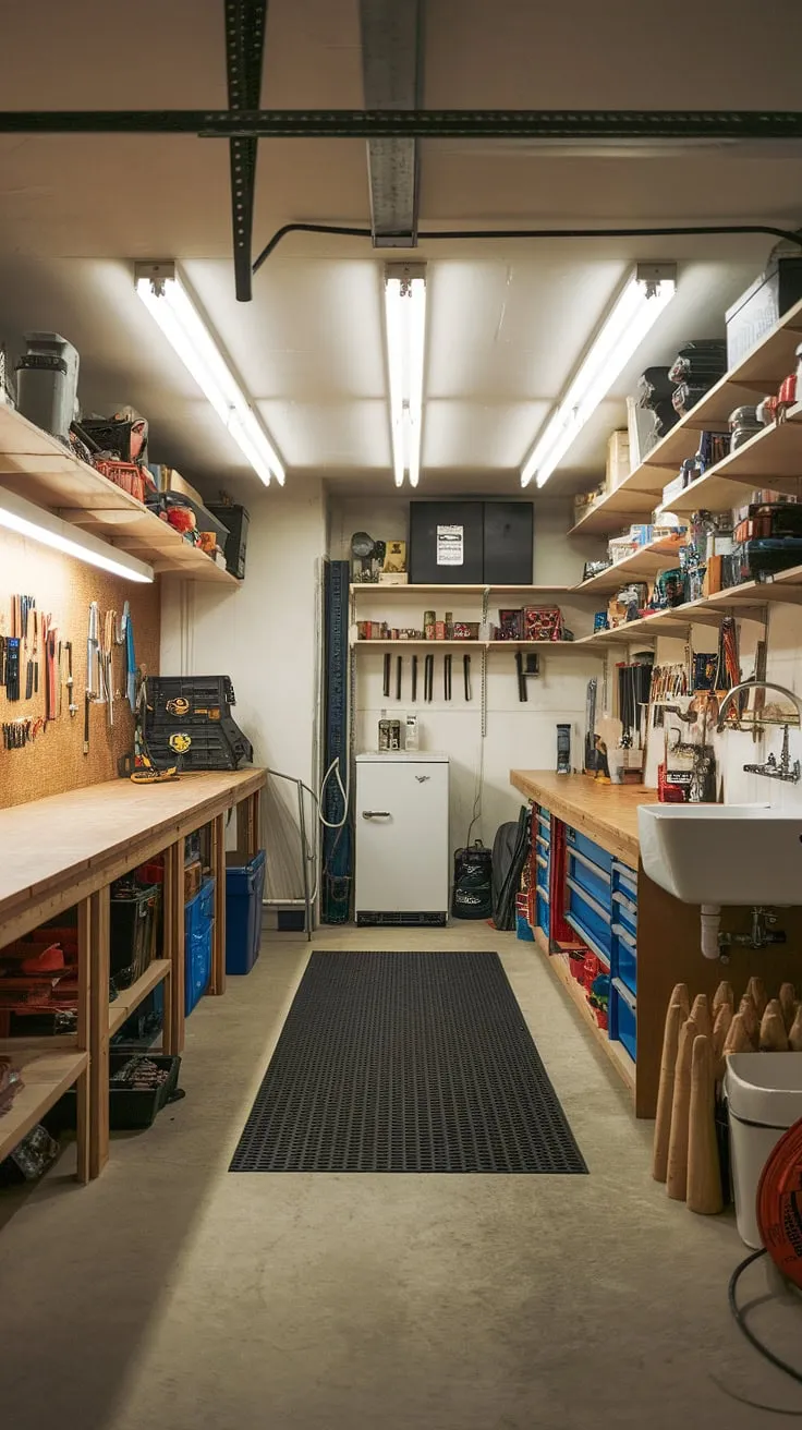 Transforming a basement garage into a dream workshop? This image offers a wealth of garage storage inspiration, demonstrating effective garage organization and garage workshop organization. The clear garage workshop layout, based on detailed garage workshop plans, optimizes space. From the workbench brimming with tools to the thoughtfully arranged shelves, this garage renovation project is a masterclass in garage design interior and a perfect example of garage organization DIY.