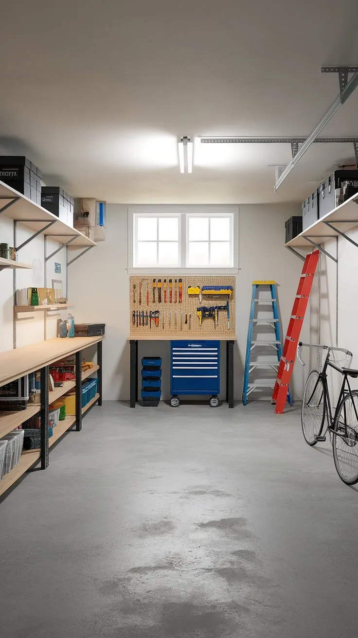 This bright and airy basement garage boasts a well-organized workshop layout, showcasing clever garage storage inspiration. The white walls and concrete floor provide a clean backdrop for the thoughtfully arranged shelves, workbench with rolling tool cabinet and organizer, and ladder. This garage renovation exemplifies efficient garage organization DIY, offering practical garage workshop plans and a stunning garage design interior. The bicycle adds a touch of personality to this functional space.