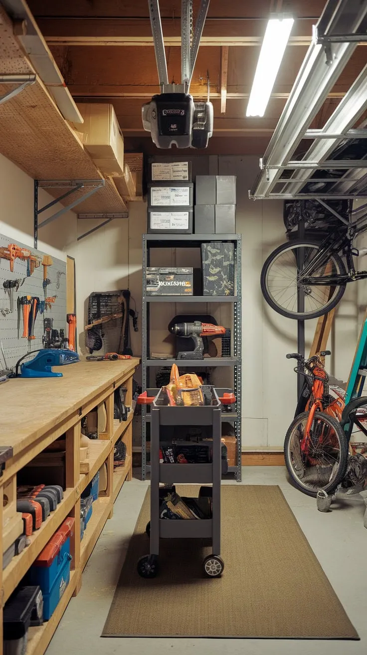 This basement garage has been transformed into a highly functional workshop, showcasing smart garage organization and a well-thought-out garage workshop layout. The garage design interior maximizes space with hanging storage racks for tools and larger items like a ladder and bike, while a workbench with a vice provides a dedicated work area. A rolling cart and shelving unit offer additional garage storage inspiration, demonstrating practical garage organization DIY solutions. The rug adds a touch of comfort and protects the floor, making this a truly inspiring example for anyone considering a garage renovation or searching for garage workshop plans.