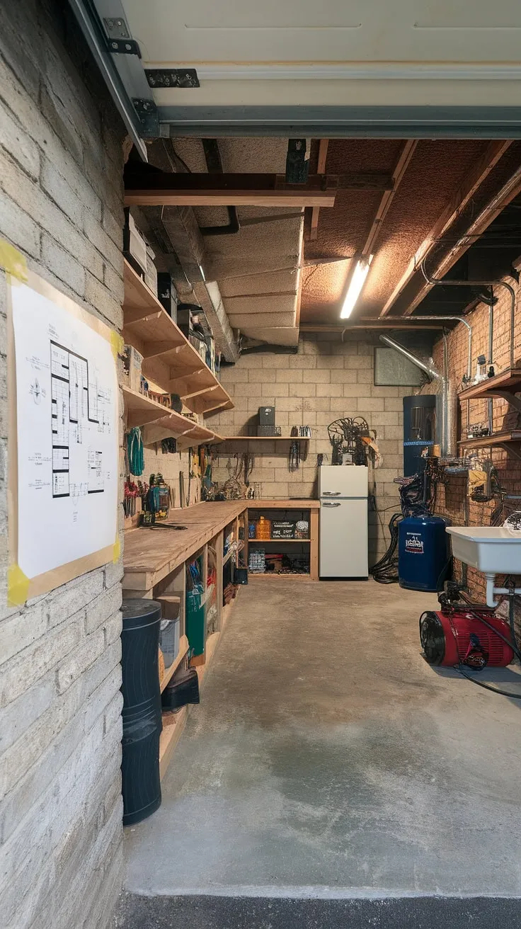 This garage renovation showcases impressive garage organization. The garage workshop layout, clearly displayed via the plans, is the key to this basement garage's success. Built-in shelving and a neatly organized workbench demonstrate excellent garage workshop organization. The garage design interior, featuring exposed brick and a sloped ceiling, is both functional and aesthetically pleasing. This project offers plenty of garage storage inspiration and is a testament to the power of garage organization DIY. The inclusion of essential equipment and a small workspace makes this a truly inspiring example of garage workshop plans in action.