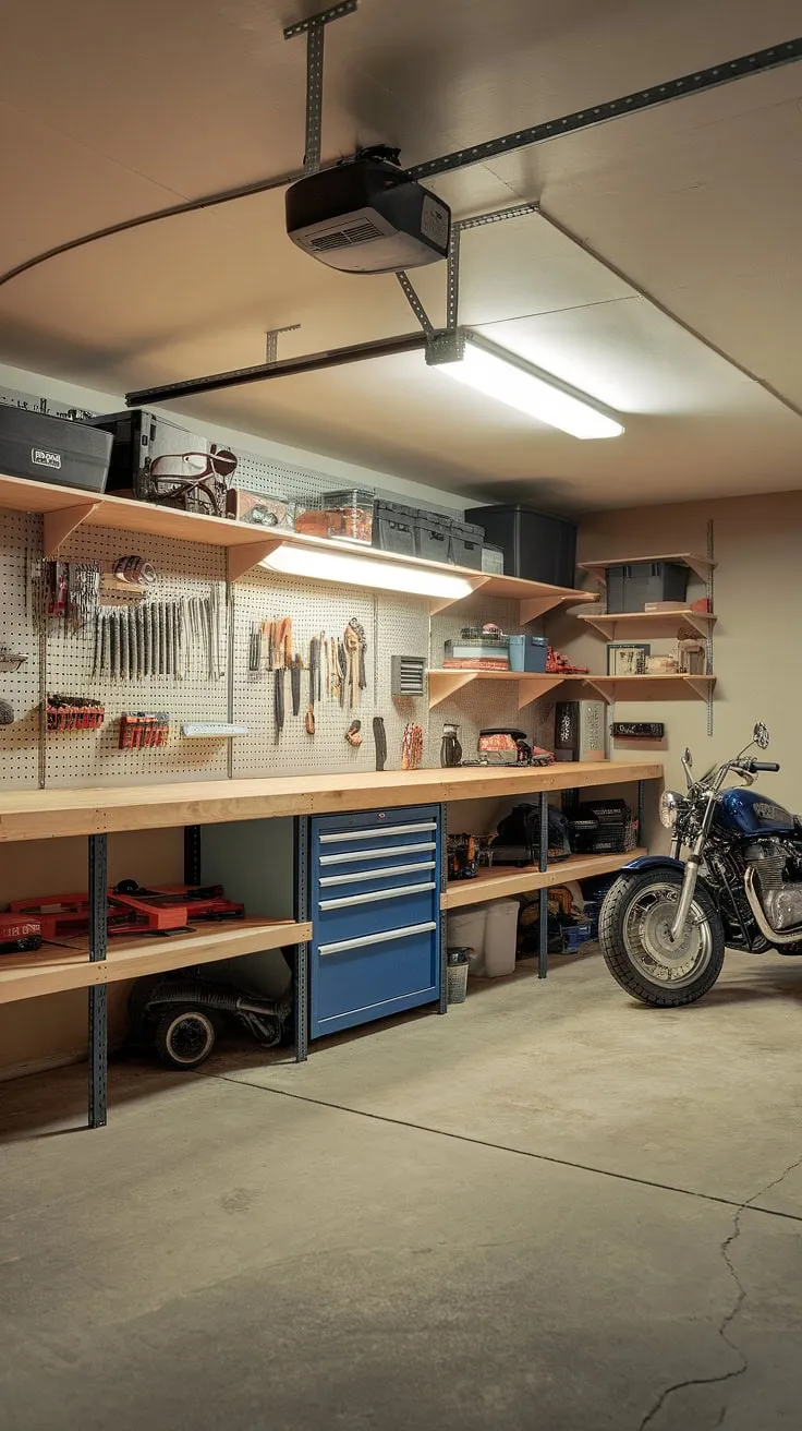 This basement garage transformation showcases a practical garage workshop layout, brimming with garage storage inspiration. The clever garage organization, achieved through DIY methods, includes a sturdy workbench, ample shelving, and a dedicated tool rack, maximizing space and functionality. The garage design interior, a testament to successful garage renovation, even accommodates a motorcycle while maintaining easy access and efficient garage workshop organization. These garage workshop plans offer a blueprint for anyone looking to improve their garage storage.