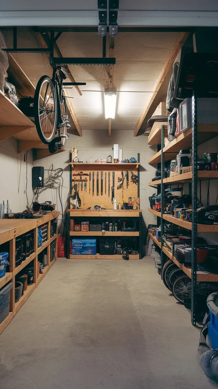 This well-lit basement garage boasts a functional garage workshop layout, showcasing clever garage organization and garage storage inspiration. The workbench, brimming with tools, sits alongside shelves packed with automotive parts, reflecting thoughtful garage workshop plans and DIY garage organization. A bicycle hangs neatly from the ceiling, maximizing space. This garage renovation exemplifies efficient garage design interior and provides excellent garage workshop organization ideas.