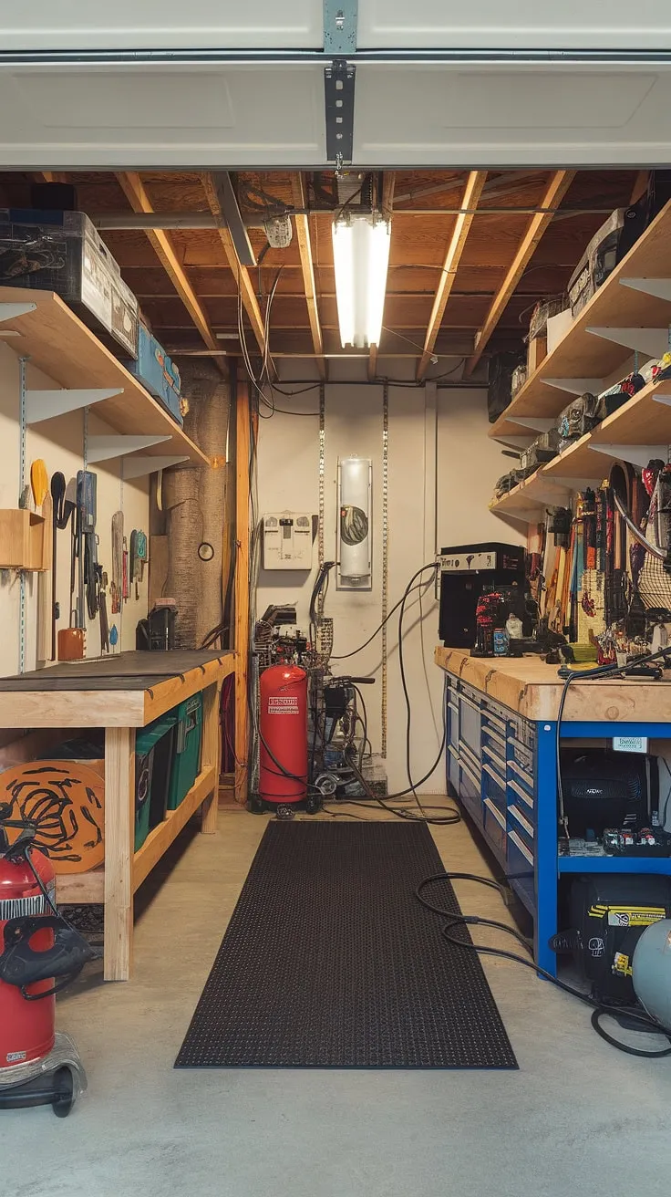 This basement garage workshop layout showcases efficient garage organization and smart garage storage inspiration. The well-planned garage workshop plans are evident in the organized tool placement, dedicated workbench, and easily accessible welding machine and compressor. The rubber matting adds a layer of safety to this functional garage design interior, a testament to successful garage renovation and garage organization DIY.