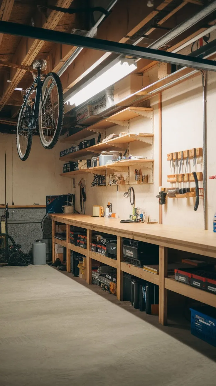 This bright basement garage, a testament to successful garage renovation, showcases a practical garage workshop layout. The wooden workbench, ample shelving, and thoughtful garage organization—including DIY solutions—maximize space and functionality. This garage storage inspiration offers ideas for your own garage workshop plans, proving that even a basement garage can be transformed into an efficient and organized workspace. Consider this a prime example of garage organization diy and garage design interior.