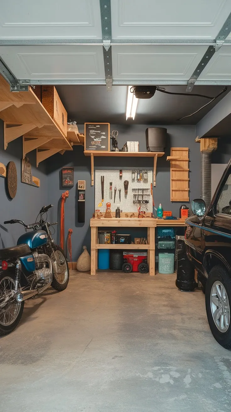 This basement garage transformation is a testament to clever garage workshop layout and planning. The grey walls, wooden shelving, and organized workbench showcase excellent garage organization and garage storage inspiration. With a motorcycle and vehicle neatly tucked away, this garage renovation demonstrates the possibilities of garage workshop plans and DIY garage organization, creating a functional and stylish garage design interior.