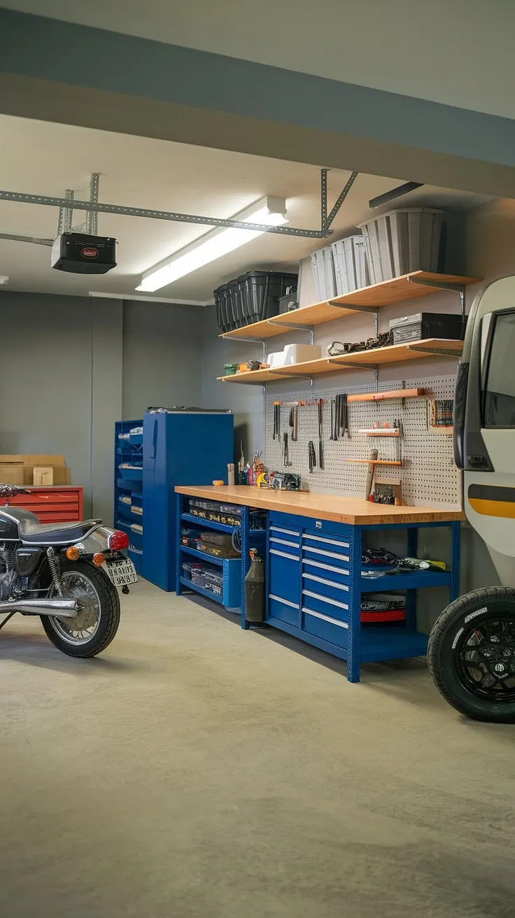 This basement garage transformation showcases a well-planned garage workshop layout, maximizing space with efficient garage storage inspiration. The gray walls and concrete floor provide a clean backdrop for the workbench, shelves, and storage units, reflecting thoughtful garage organization and garage workshop organization. The inclusion of a motorcycle and car highlights the versatility of this garage design interior, achieved through smart garage renovation and DIY garage organization. This space proves that even a basement garage can be a functional and stylish workshop, offering inspiration for your own garage workshop plans.