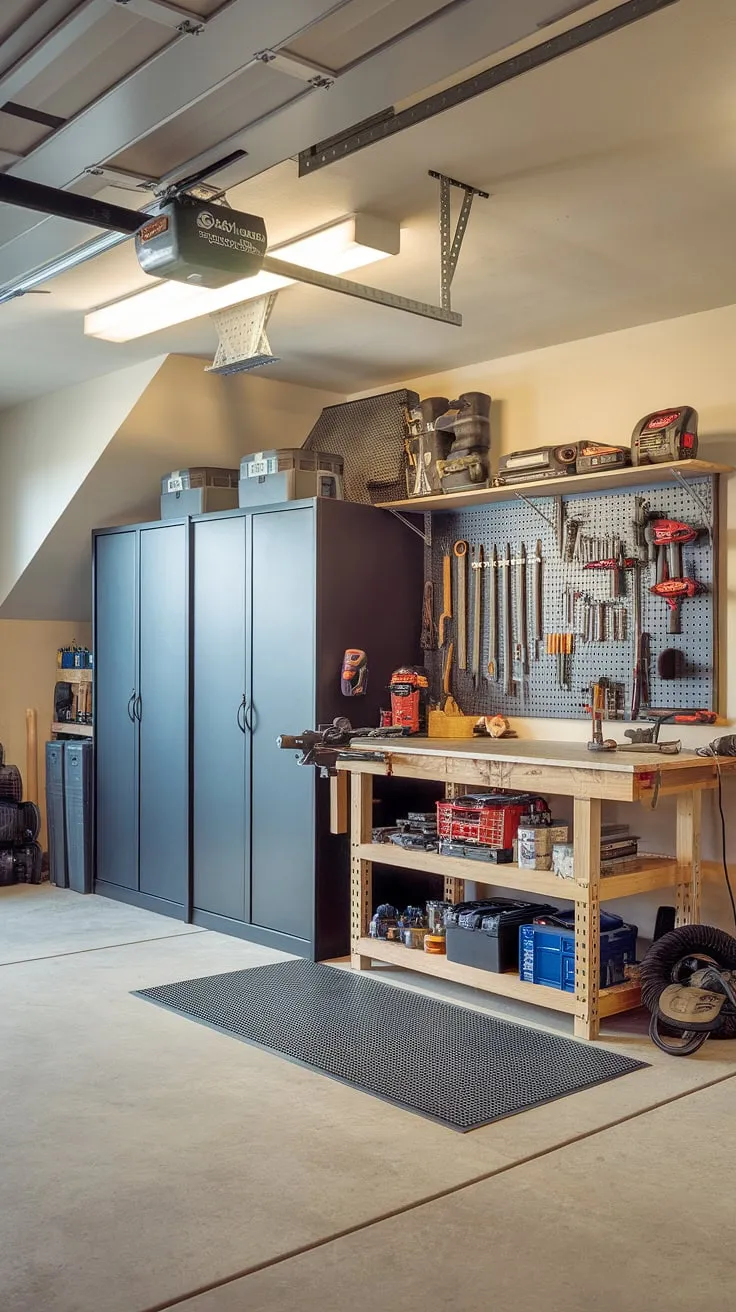 This basement garage transformation showcases a well-planned garage workshop layout, maximizing space and functionality. The garage organization system, achieved through careful planning and DIY garage organization, includes a sturdy workbench with a vise, neatly organized shelves for power tools, and a dedicated storage cabinet. This garage renovation project provides ample garage storage inspiration, demonstrating how effective garage workshop plans can create a highly efficient and organized workspace. The rubber matting adds a touch of comfort and practicality to the garage design interior.