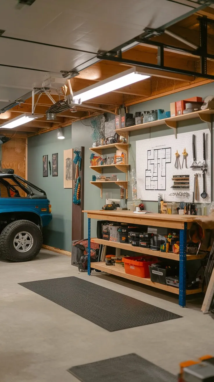 Basement garage goals achieved! This garage workshop layout, designed with garage workshop plans, is the ultimate in garage organization. The garage organization DIY project resulted in a highly functional and aesthetically pleasing space. Get inspired for your own garage renovation and garage storage inspiration.