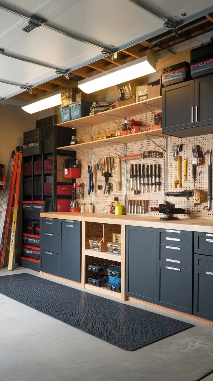 This basement garage transformation is pure garage workshop organization inspiration. The thoughtful garage workshop layout, from the pegboard walls to the custom tool rack, makes DIY dreams a reality. Smart garage storage solutions and a well-executed garage renovation resulted in this efficient and inspiring space.
