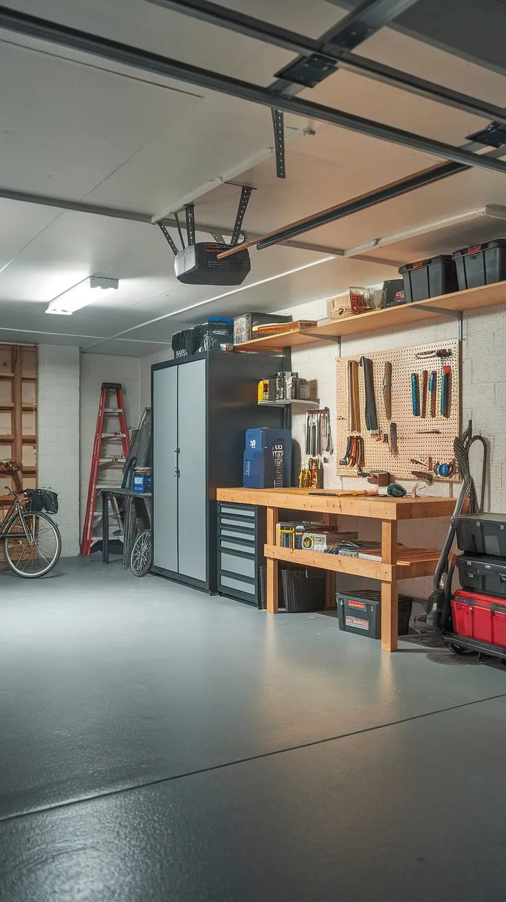 This well-lit basement garage is a testament to successful garage organization. The garage workshop layout maximizes space with smart storage solutions, offering plenty of garage storage inspiration. From the pegboard to the cabinets, this garage renovation and garage organization DIY project exemplifies efficient garage workshop organization. Use this as inspiration for your own garage workshop plans and garage design interior.