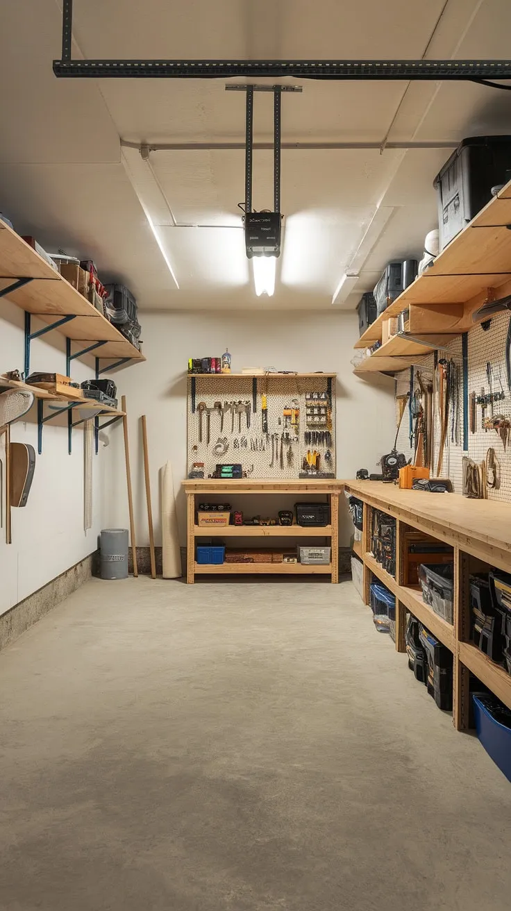 This bright and airy basement garage boasts a meticulously organized workshop layout, showcasing clever garage storage inspiration and efficient garage organization. The garage renovation resulted in a functional space, perfect for DIY projects, thanks to thoughtful garage workshop plans and a well-executed garage design interior. The white walls and concrete floor create a clean backdrop for the neatly arranged tools and equipment on the shelves and workbench. This is a prime example of garage workshop organization and garage organization DIY at its finest.