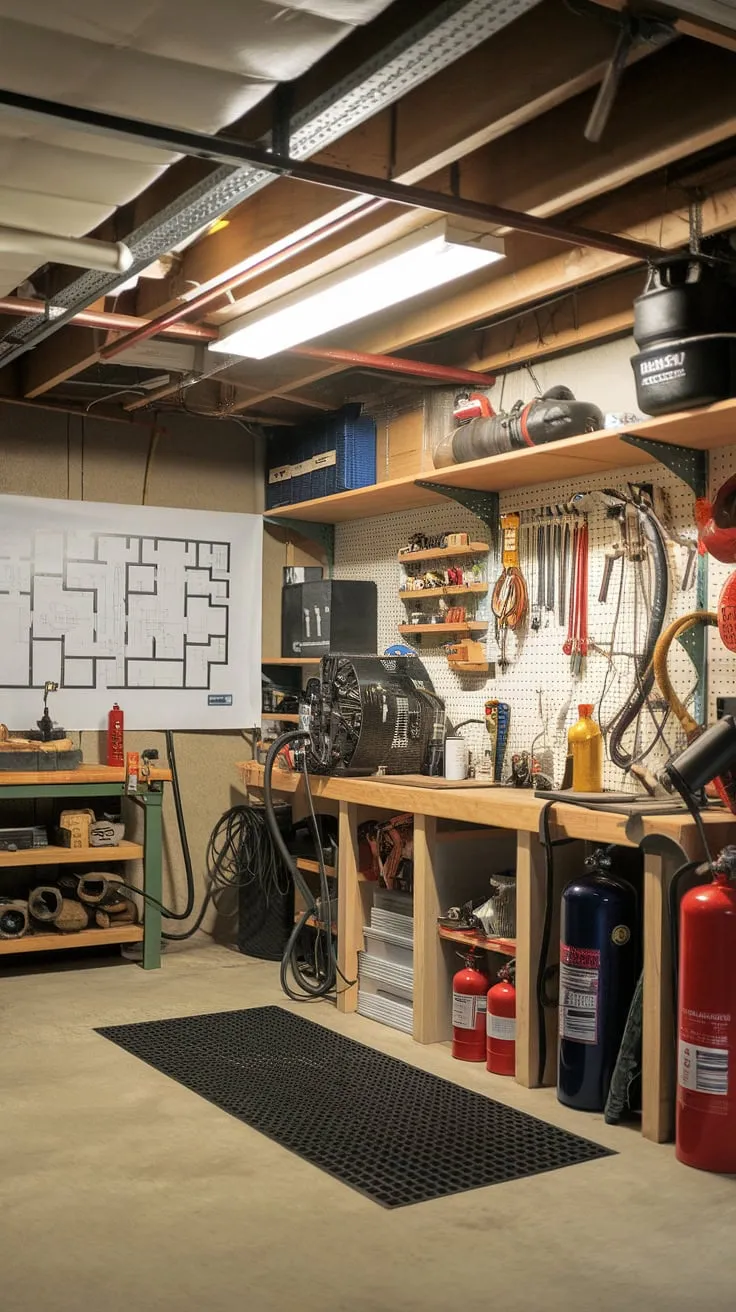 This well-organized garage workshop, nestled in a basement garage, is a prime example of garage organization DIY. The garage workshop plans are clearly visible, highlighting the thoughtful layout. The space boasts a functional workbench, a welding station, and comprehensive storage solutions, including shelves stocked with oxygen tanks and fire extinguishers. The rubber flooring enhances safety, while the fluorescent lighting provides ample illumination. This garage renovation project offers excellent garage storage inspiration and demonstrates how effective garage workshop organization can transform a cluttered space into an efficient and safe workshop. It's a perfect example of garage design interior and a great resource for anyone looking for garage organization ideas.