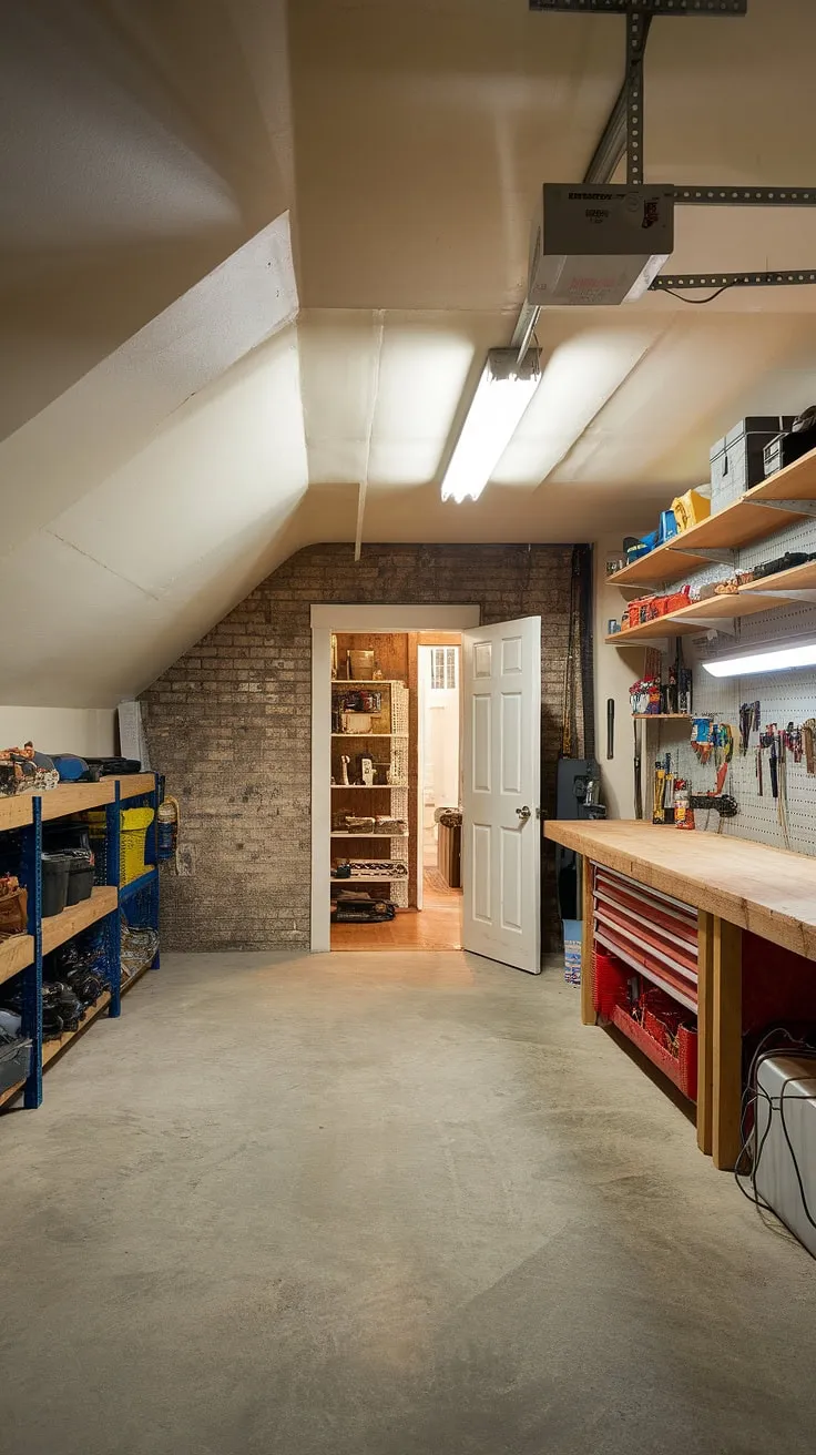 This basement garage transformation is the ultimate garage workshop layout, proving that even a sloped ceiling and exposed brick can be incorporated into stunning garage organization. Garage renovation and garage storage inspiration at its finest.