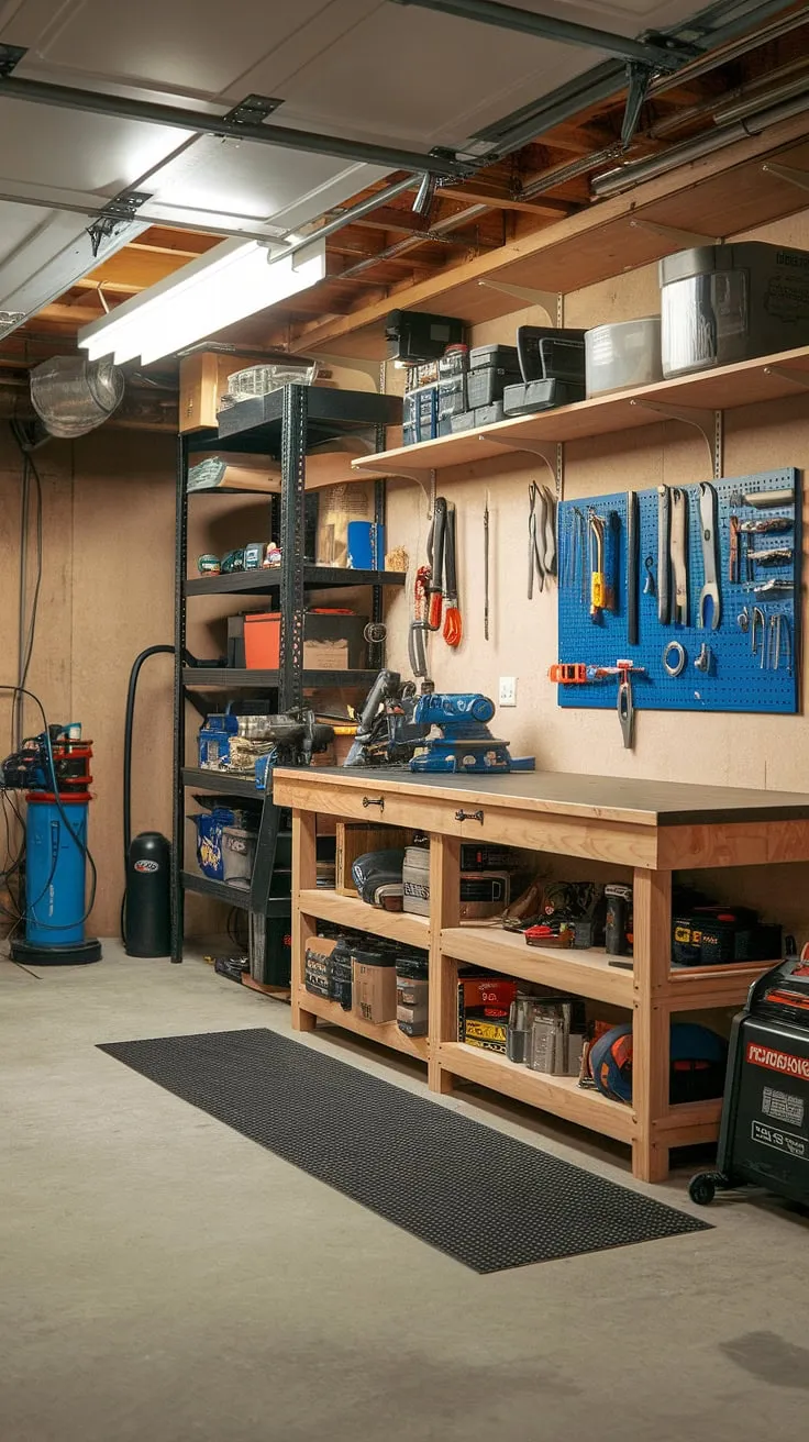 This meticulously organized basement garage workshop is a testament to smart garage organization and efficient garage workshop plans. The garage storage inspiration is evident in the thoughtful layout, featuring a sturdy workbench with a vise and grinder, ample shelving, and a dedicated tool rack. The rubber matting and bright lighting enhance the overall garage design interior, making this a truly inspiring example of garage renovation and garage organization DIY.