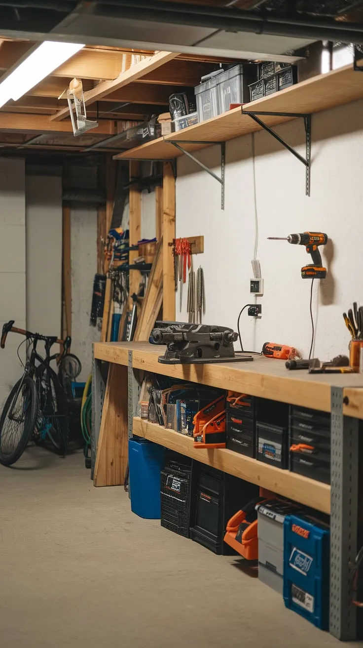A peek inside this well-planned basement garage workshop. The garage workshop layout is a testament to smart garage organization and garage workshop organization. From the workbench with its vise and hand tools to the thoughtfully placed shelving, this space offers plenty of garage storage inspiration. This garage renovation project is a great example of how effective garage design interior can be achieved with DIY garage organization. If you're looking for garage workshop plans, this is a great starting point.