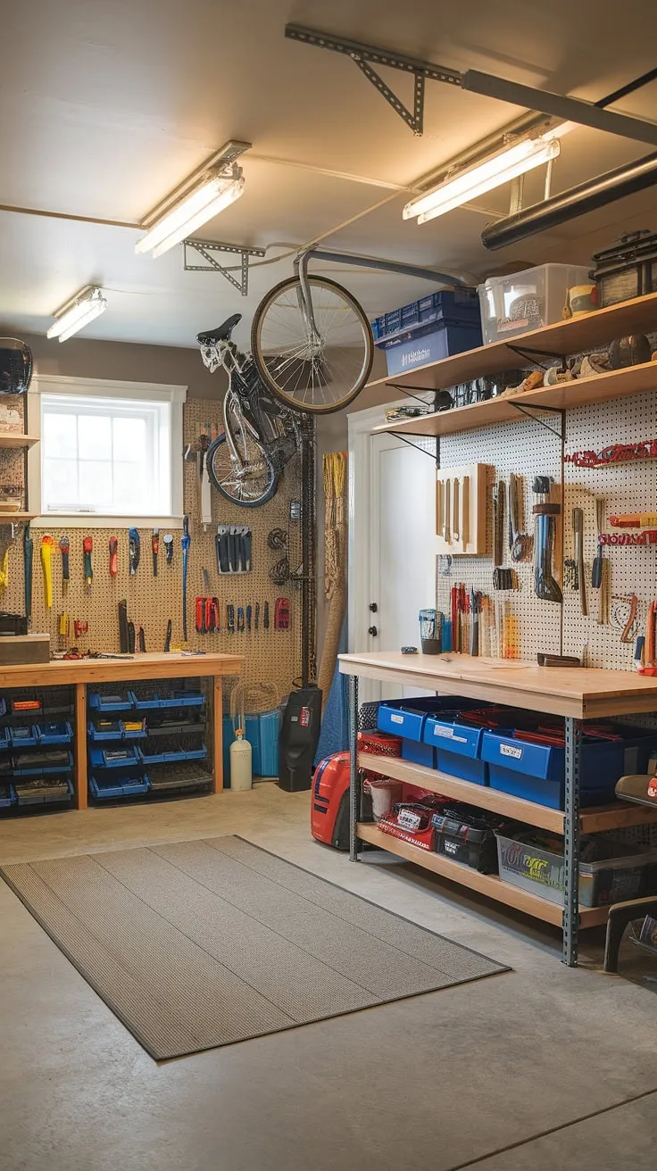 This basement garage transformation is a testament to effective garage workshop organization. The garage workshop layout, meticulously planned using garage workshop plans, maximizes space with clever storage solutions and a dedicated workbench. Note the garage organization DIY pegboard system, the thoughtfully placed storage bins, and even the bicycle hanging from the ceiling—all contributing to this inspiring garage storage inspiration and a functional garage design interior. The rug adds a touch of unexpected warmth to this garage renovation project.
