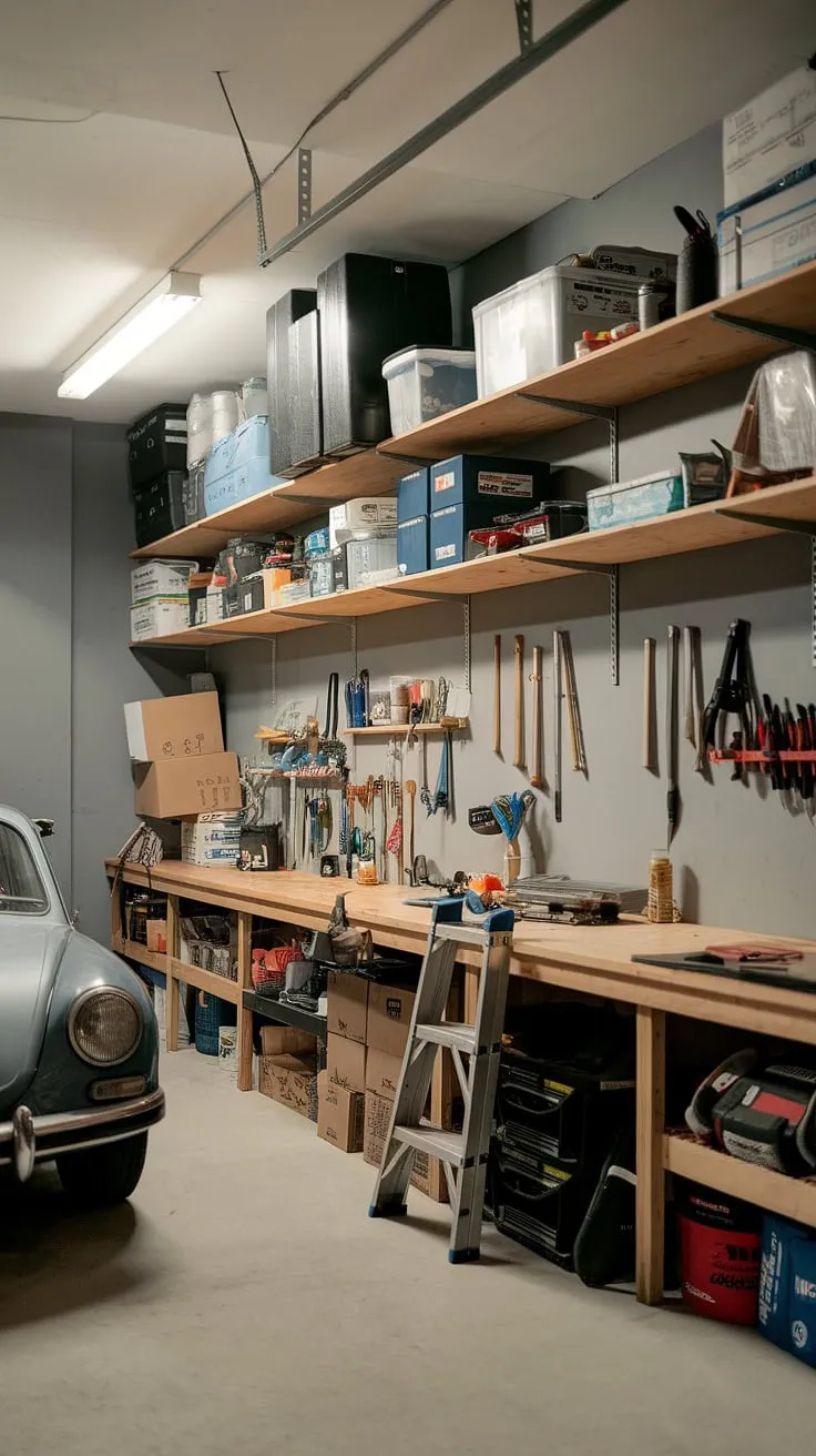 This basement garage, transformed into a functional workshop, showcases smart garage organization. The garage workshop layout maximizes space with wall-mounted shelves overflowing with neatly organized tools and supplies, offering plenty of garage storage inspiration. The workbench, complete with a ladder, provides ample workspace. A small car tucked away demonstrates how effective garage renovation and garage organization diy can be, even in a limited space. Consider this a testament to the possibilities of garage workshop plans and garage design interior.