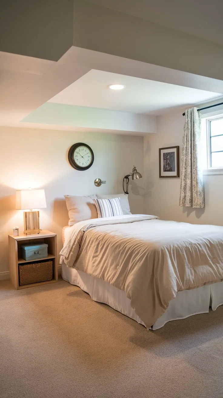 Cozy Basement Guest Bedroom with Beige Accents